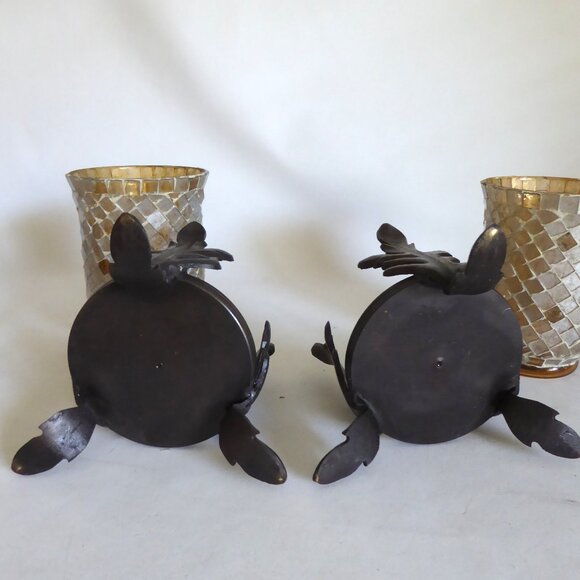 NEW 7.25” STAINED GLASS MOSAIC ART GLASS CAST IRON LEAF STANDS CANDLE HOLDER SET - Picture 8 of 13